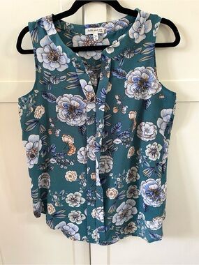 Faith and Joy Teal Floral Feminine Sleeveless Blouse Summer Top Size M